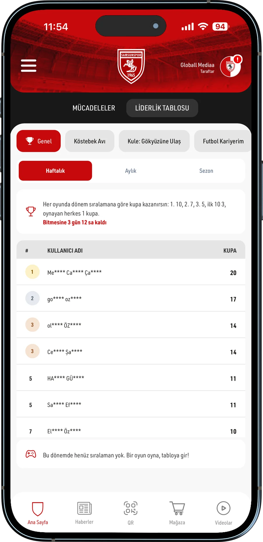 Samsunspor App Liderlik Tablosu